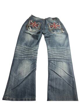 GS115 London 38 Distressed Blue Denim Jeans Union Jack biker streetwear Y2K